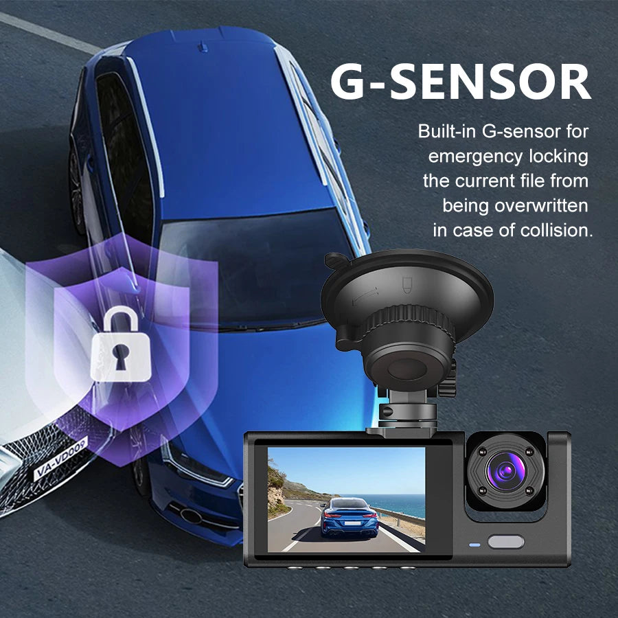 AutoScope Innovations DashCam: 3-Channel 1080P FHD Car Camera with Front, Rear, and Interior Recording – 2" IPS Screen DVR