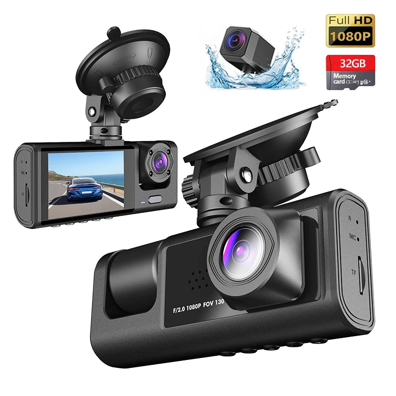 AutoScope Innovations DashCam: 3-Channel 1080P FHD Car Camera with Front, Rear, and Interior Recording – 2" IPS Screen DVR