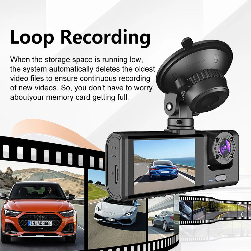 AutoScope Innovations DashCam: 3-Channel 1080P FHD Car Camera with Front, Rear, and Interior Recording – 2" IPS Screen DVR