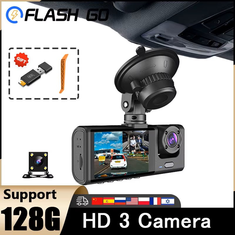 AutoScope Innovations DashCam: 3-Channel 1080P FHD Car Camera with Front, Rear, and Interior Recording – 2" IPS Screen DVR