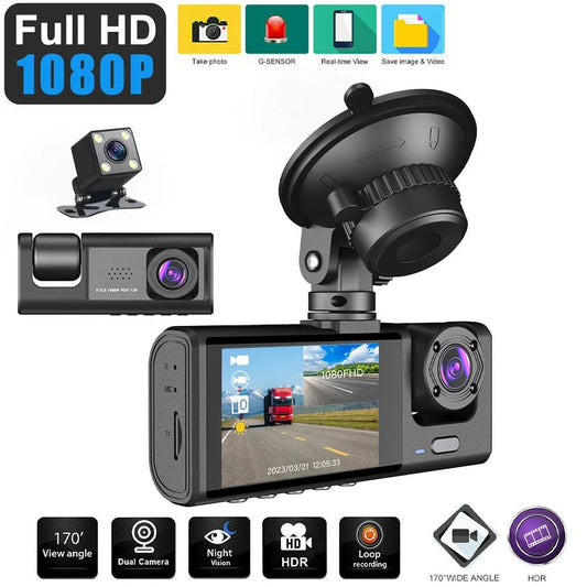 AutoScope Innovations DashCam: 3-Channel 1080P FHD Car Camera with Front, Rear, and Interior Recording – 2" IPS Screen DVR